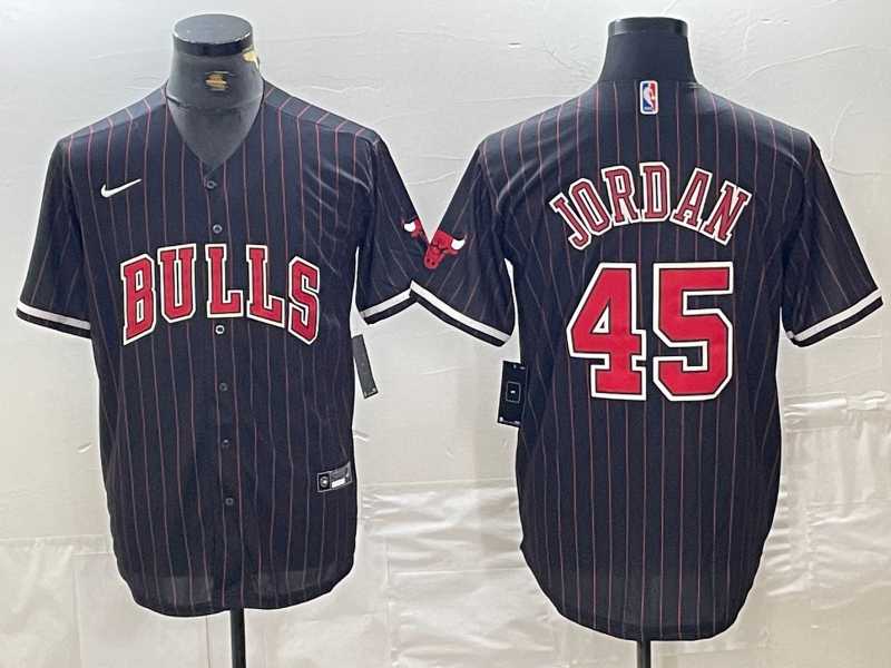 Men%27s Chicago Bulls #45 Michael Jordan Black Pinstripe Cool Base Stitched Baseball Jerseys
